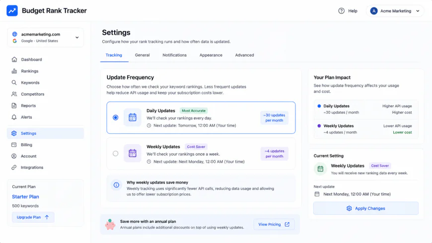 Clean, modern settings pane of a budget rank tracker showing options to toggle between daily and weekly updates to reduce monthly subscription costs
