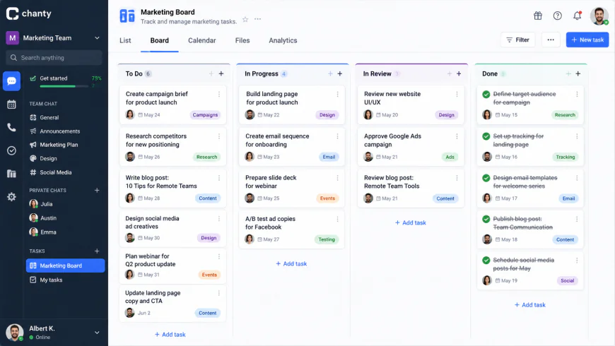 Screen capture of Chanty's built-in Kanban task management board inside the chat application