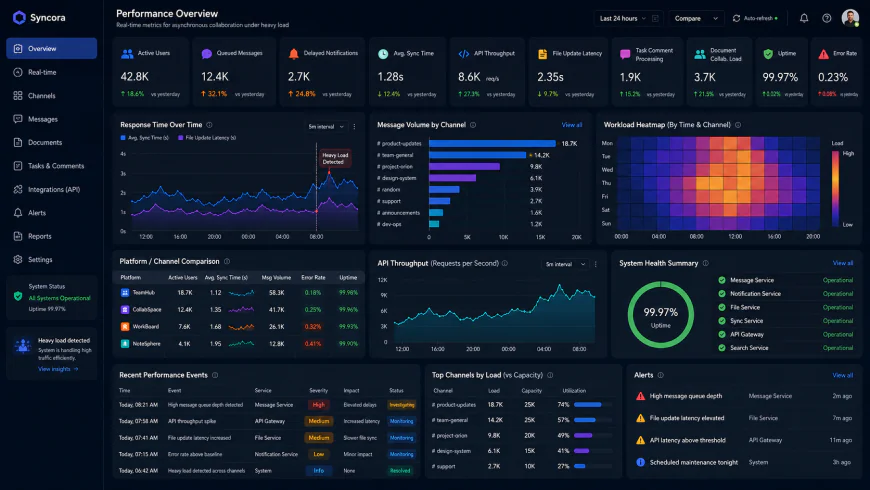 Analytical dashboard view of asynchronous communication tools for remote teams performance metrics under heavy processing loads
