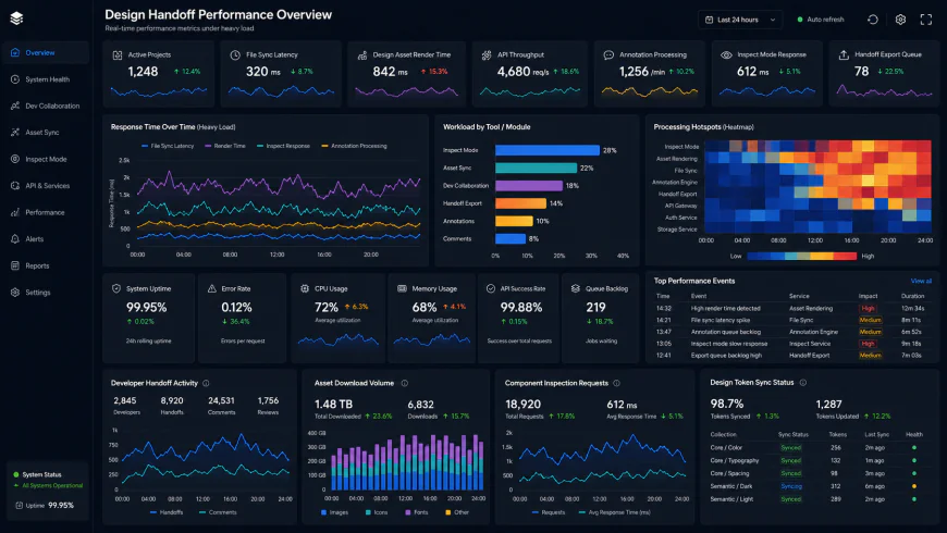 Analytical dashboard view of design handoff tools for developers performance metrics under heavy processing loads
