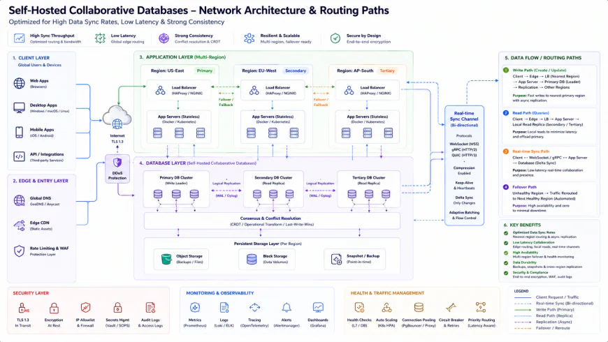 Network architecture diagram outlining the correct routing paths for self-hosted collaborative databases to optimize data sync rates