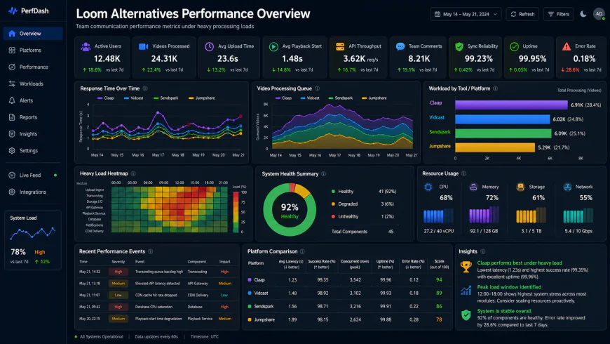 Analytical dashboard view of loom alternatives for team communication performance metrics under heavy processing loads