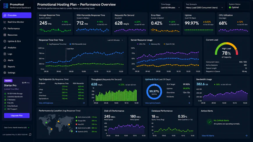 Analytical dashboard view of promotional hosting plan performance metrics under heavy processing loads