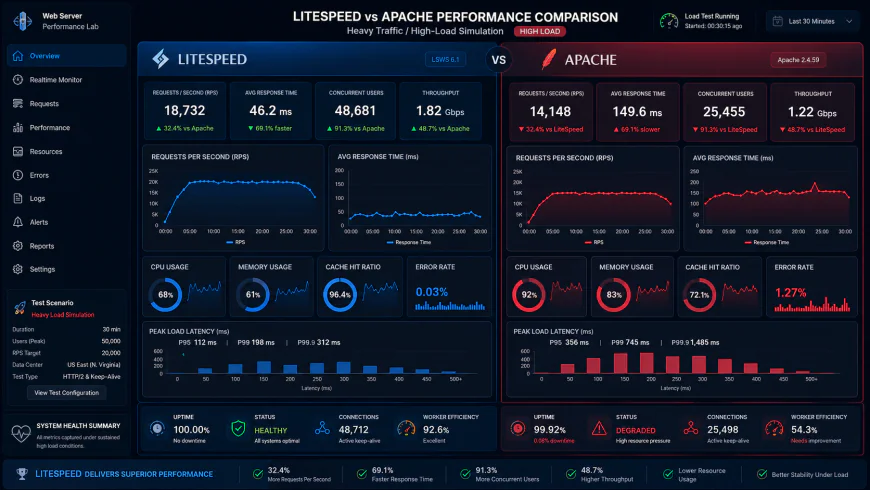 Analytical dashboard view of litespeed vs apache web server hosting performance metrics under heavy processing loads