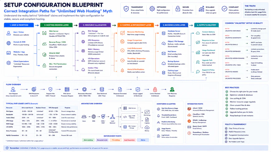 Setup configuration blueprint showing correct integration paths for unlimited web hosting myth