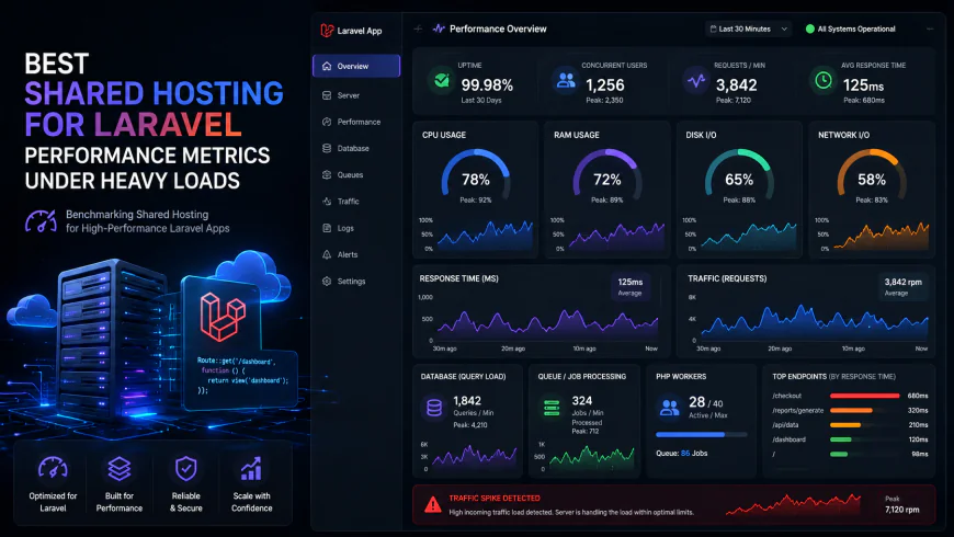 Analytical dashboard view of best shared hosting for laravel performance metrics under heavy processing loads
