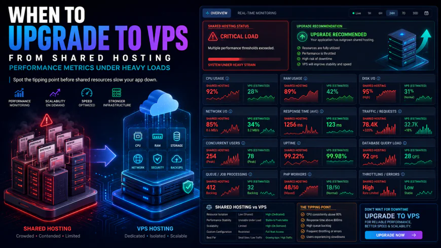 Analytical dashboard view of when to upgrade to vps from shared hosting performance metrics under heavy processing loads