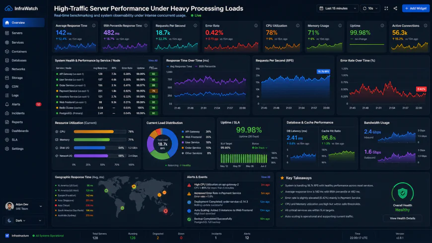 Analytical dashboard view of high-traffic server performance metrics under heavy processing loads