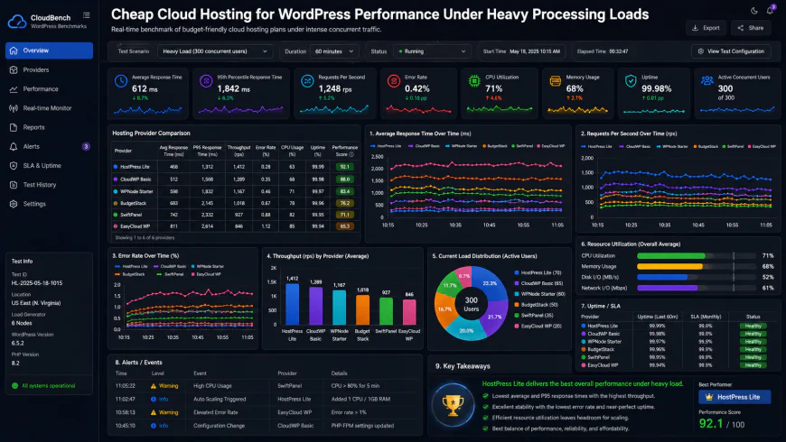 Analytical dashboard view of cheap cloud hosting for wordpress performance metrics under heavy processing loads
