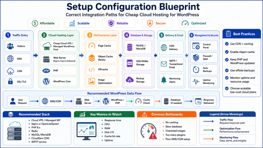 Setup configuration blueprint showing correct integration paths for cheap cloud hosting for wordpress
