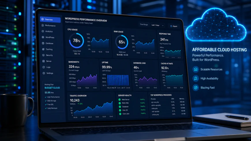Analytical dashboard view of cheap cloud hosting for wordpress performance metrics under heavy processing loads