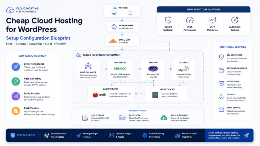 Setup configuration blueprint showing correct integration paths for cheap cloud hosting for wordpress