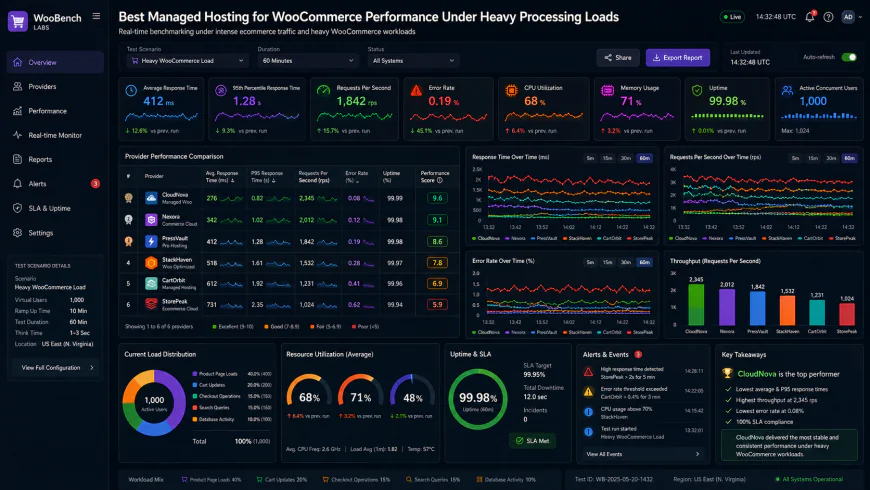 Analytical dashboard view of best managed hosting for woocommerce performance metrics under heavy processing loads