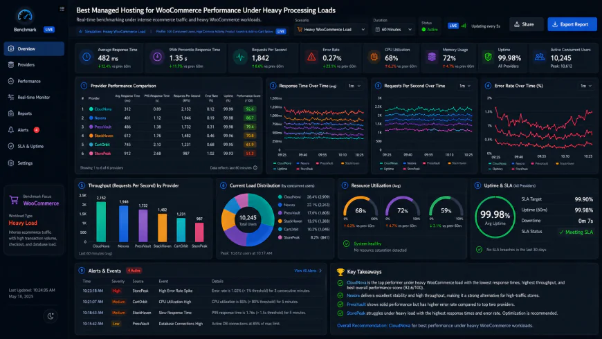 Analytical dashboard view of best managed hosting for woocommerce performance metrics under heavy processing loads