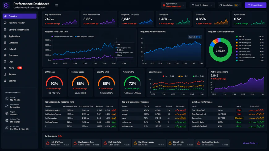 Analytical dashboard view of performance metrics under heavy processing loads