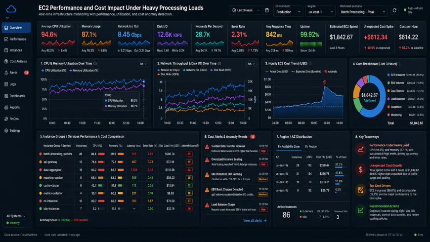 Analytical dashboard view of EC2 performance metrics and unexpected cost metrics under heavy processing loads