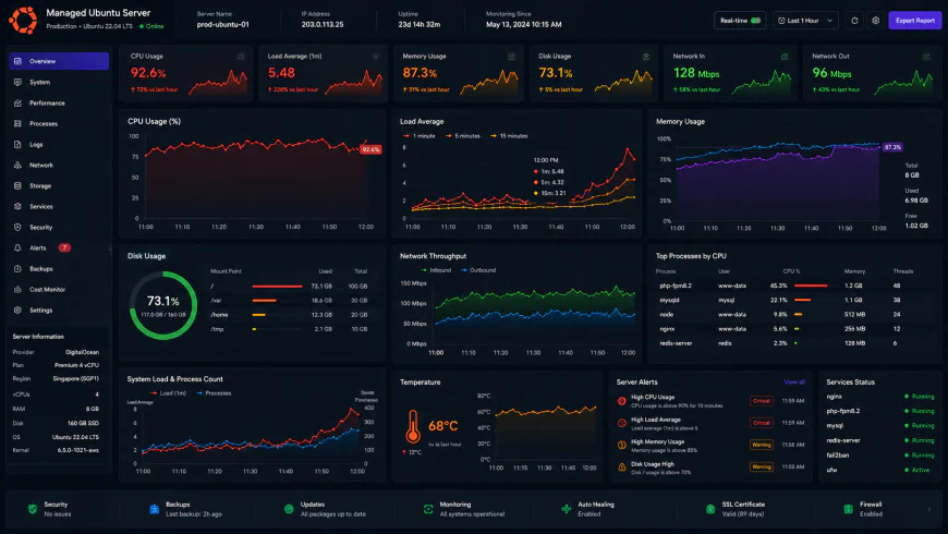 Analytical dashboard view of performance metrics on a managed Ubuntu server under heavy processing loads
