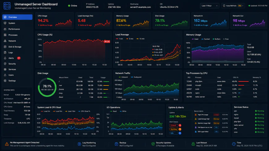 Analytical dashboard view of unmanaged server performance metrics under heavy processing loads