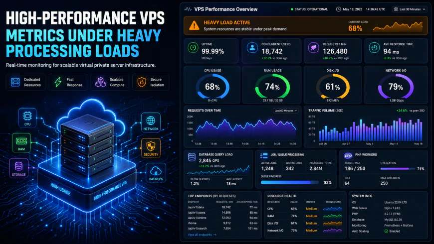 Analytical dashboard view of high-performance VPS metrics under heavy processing loads