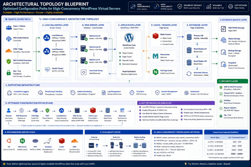 Architectural topology blueprint showing optimized configuration paths for high-concurrency WordPress virtual servers