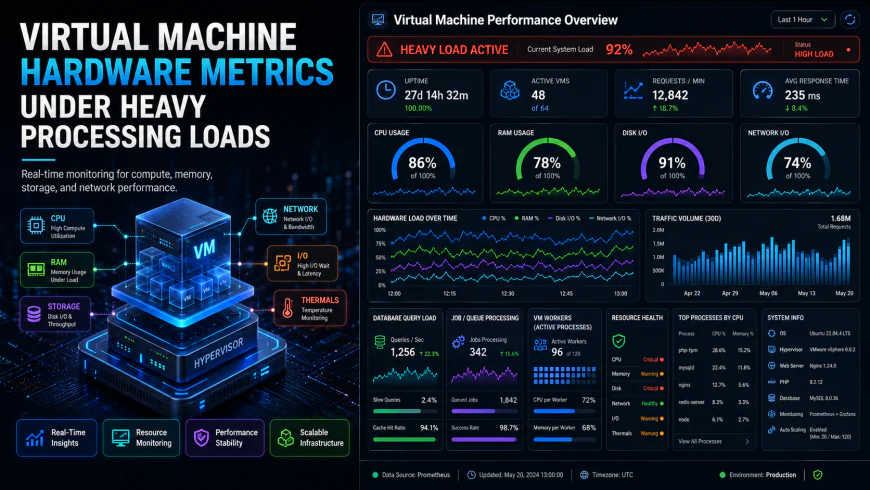 Analytical dashboard view of virtual machine hardware metrics under heavy processing loads