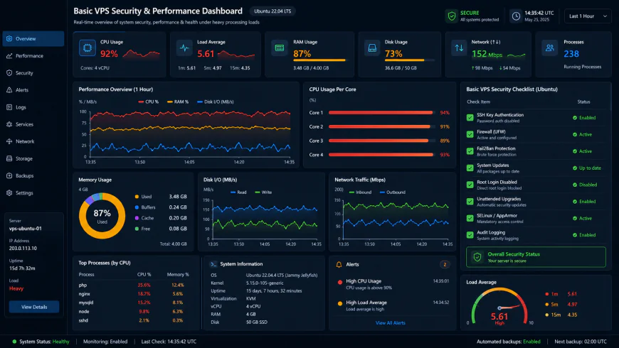 Analytical dashboard view of basic vps security checklist ubuntu performance metrics under heavy processing loads