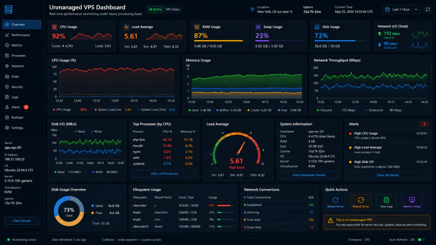 Analytical dashboard view of unmanaged VPS performance metrics under heavy processing loads