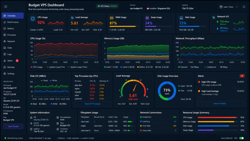 Analytical dashboard view of budget VPS performance metrics under heavy processing loads