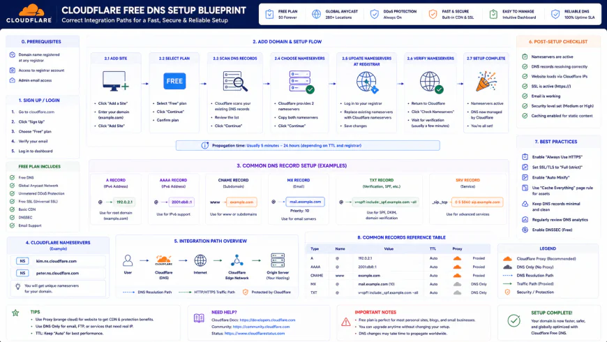 Setup configuration blueprint showing correct integration paths for cloudflare free dns setup