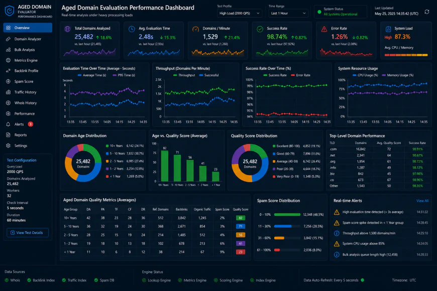 Analytical dashboard view of aged domain evaluation performance metrics under heavy processing loads