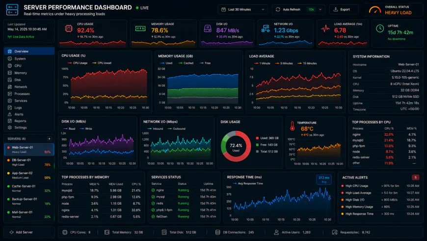 Analytical dashboard view of server performance metrics under heavy processing loads