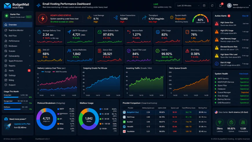 Analytical dashboard view of cheap custom domain email hosting performance metrics under heavy processing loads