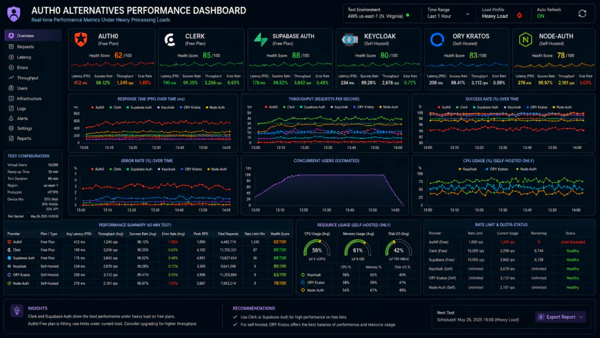 Analytical dashboard view of free auth0 alternatives performance metrics under heavy processing loads