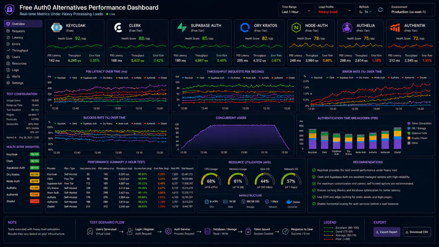 Analytical dashboard view of free auth0 alternatives performance metrics under heavy processing loads