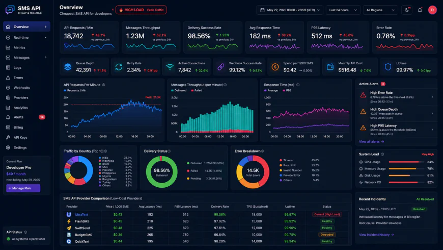 Analytical dashboard view of cheapest sms api for developers performance metrics under heavy processing loads