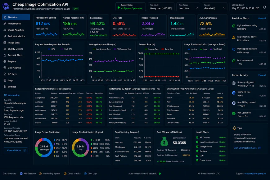 Analytical dashboard view of cheap image optimization api performance metrics under heavy processing loads