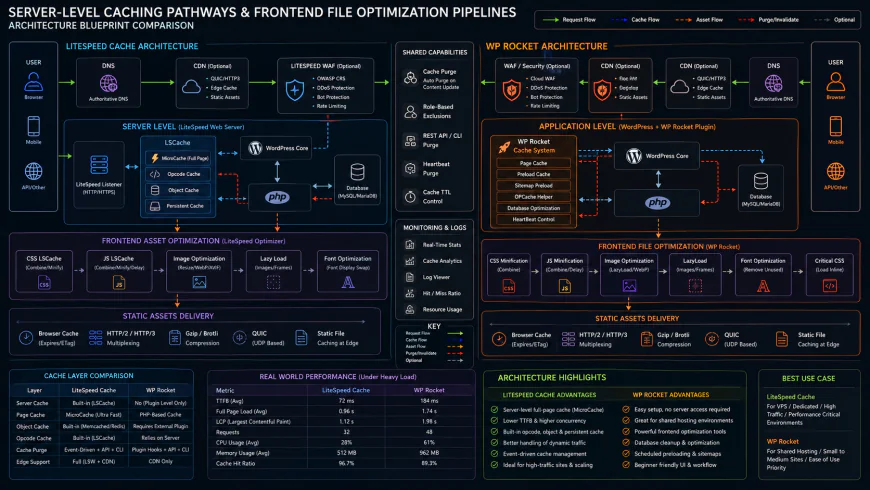 Technical architecture blueprint comparing server-level caching pathways and frontend file optimization pipelines