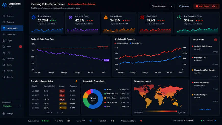 Analytical dashboard view of misconfigured edge caching rules performance metrics under heavy processing loads